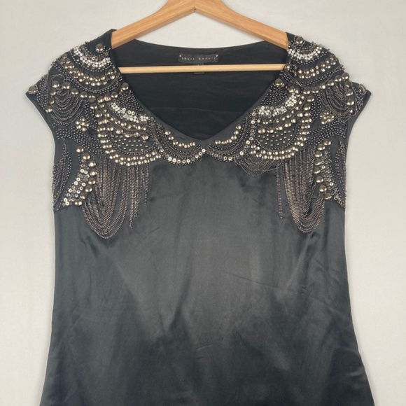 Sheri Bodell Embellished Silk Cocktail Dress Studded Chained Cape Black Womens L - Picture 4 of 6